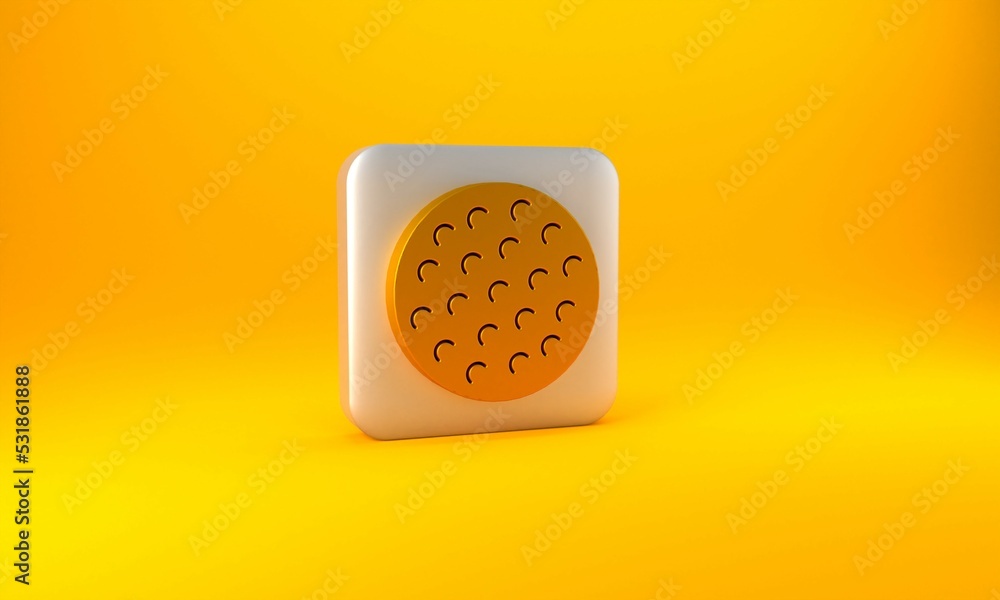 Gold Golf ball icon isolated on yellow background. Silver square button. 3D render illustration