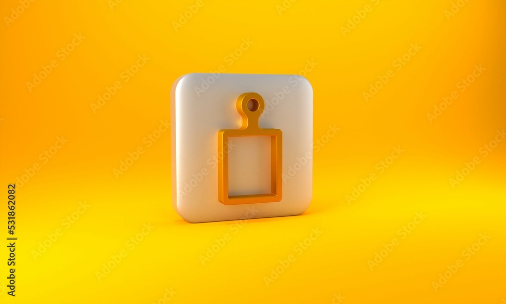 Gold Cutting board icon isolated on yellow background. Chopping Board symbol. Silver square button. 