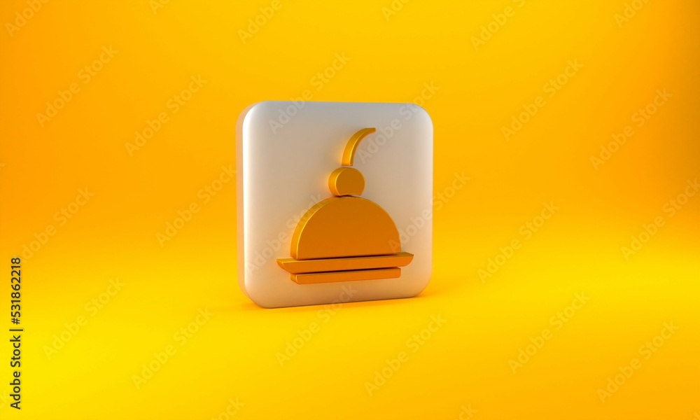 Gold Cherry cheesecake slice with fruit topping icon isolated on yellow background. Silver square bu