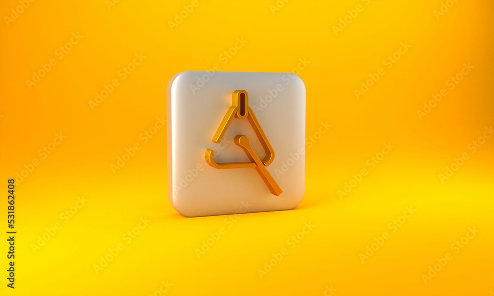 Gold Triangle musical instrument icon isolated on yellow background. Silver square button. 3D render