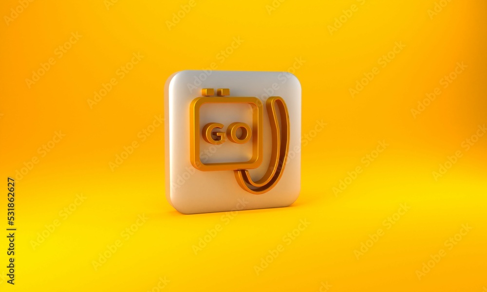 Gold Stopwatch icon isolated on yellow background. Time timer sign. Chronometer sign. Silver square 