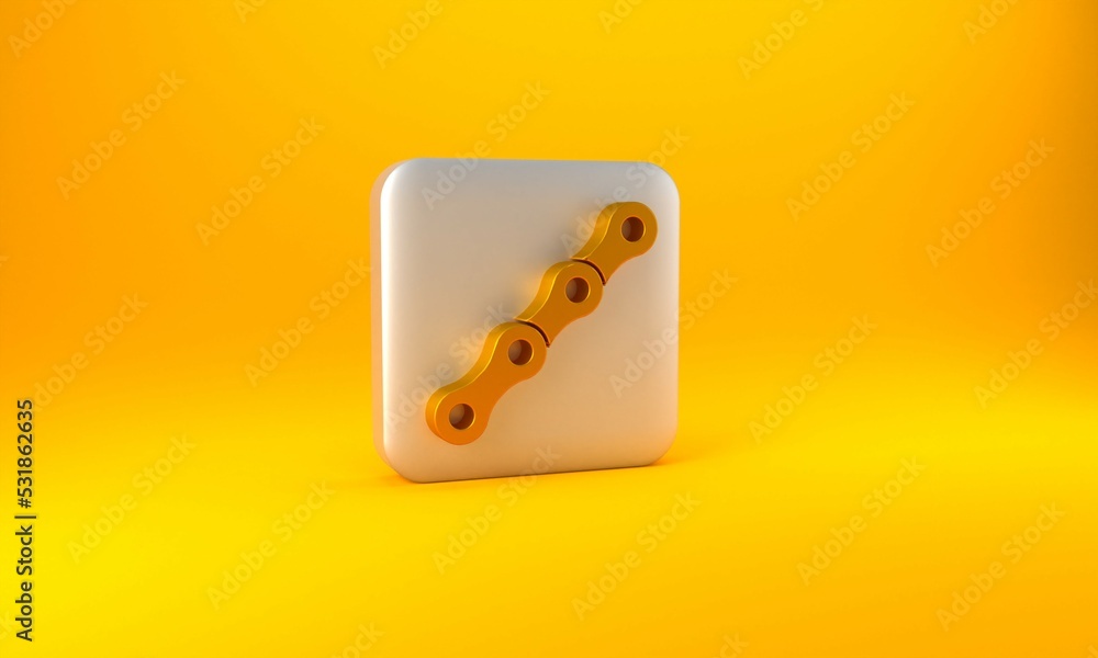 Gold Bicycle chain icon isolated on yellow background. Bike chain sprocket transmission. Silver squa