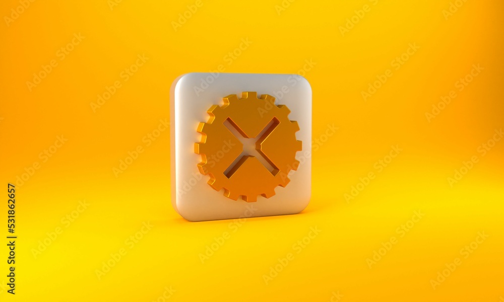 Gold Bicycle sprocket crank icon isolated on yellow background. Silver square button. 3D render illu