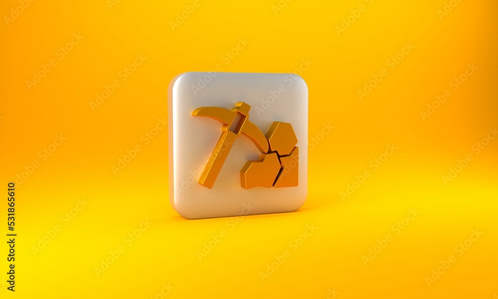 Gold Gold mining icon isolated on yellow background. Silver square button. 3D render illustration