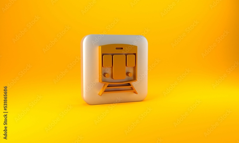 Gold Train and railway icon isolated on yellow background. Public transportation symbol. Subway trai