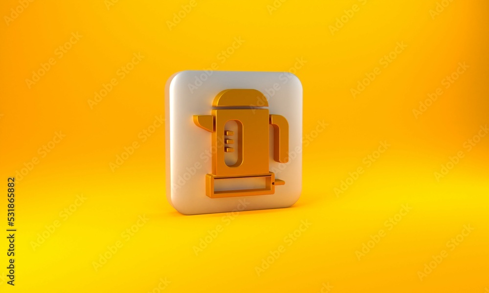 Gold Electric kettle icon isolated on yellow background. Teapot icon. Silver square button. 3D rende