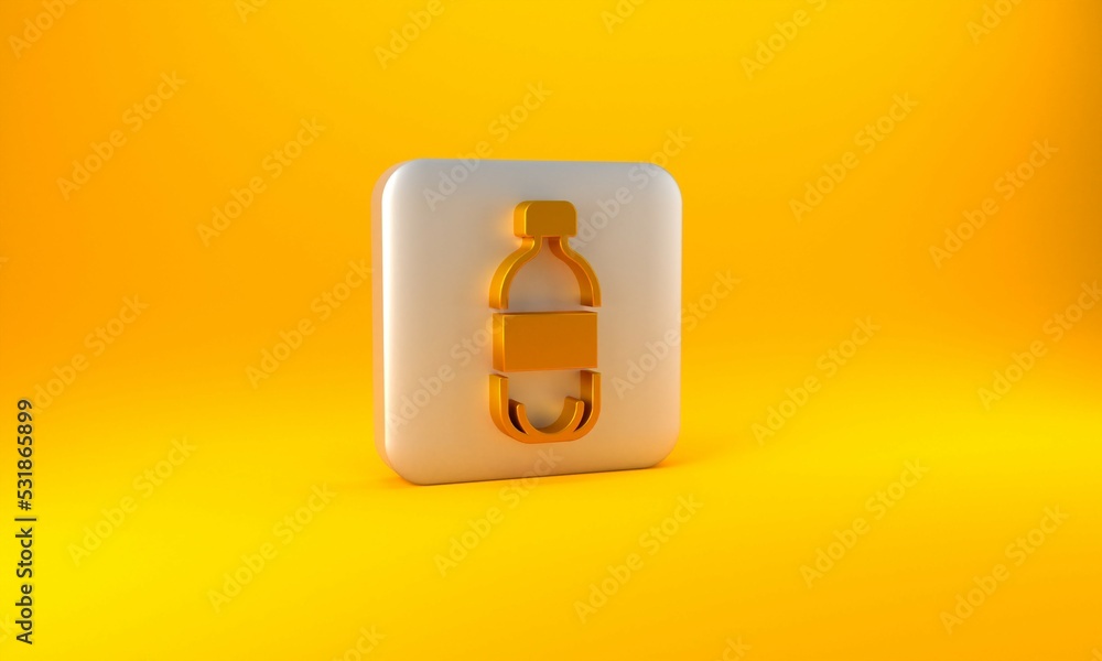 Gold Bottle of water icon isolated on yellow background. Soda aqua drink sign. Silver square button.