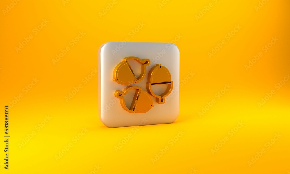 Gold Acorn icon isolated on yellow background. Silver square button. 3D render illustration