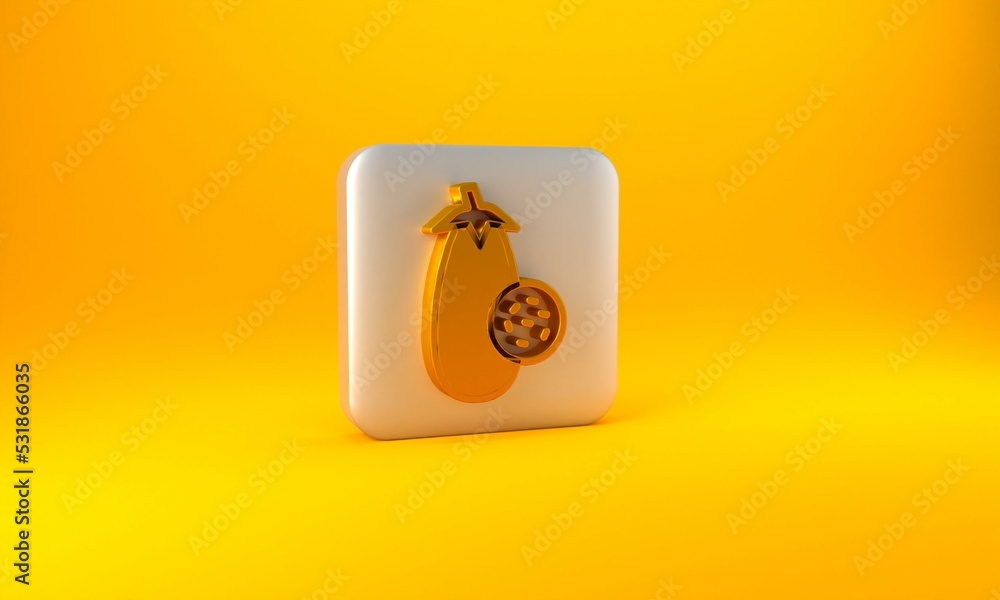 Gold Eggplant icon isolated on yellow background. Silver square button. 3D render illustration