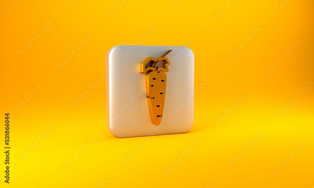 Gold Carrot icon isolated on yellow background. Silver square button. 3D render illustration