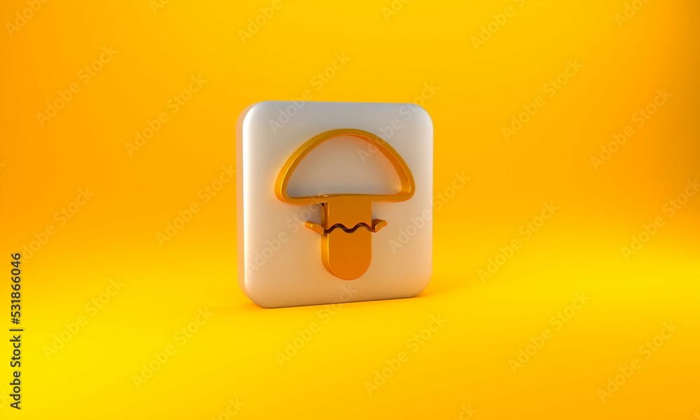 Gold Mushroom icon isolated on yellow background. Silver square button. 3D render illustration