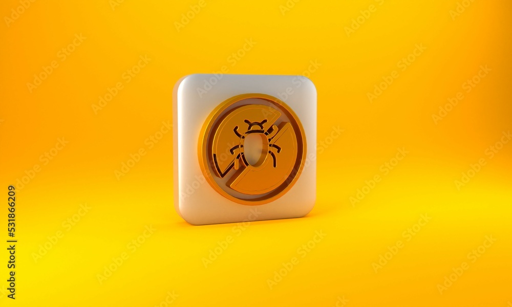 Gold Stop colorado beetle icon isolated on yellow background. Silver square button. 3D render illust