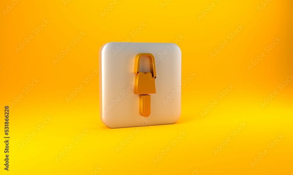 Gold Ice cream icon isolated on yellow background. Sweet symbol. Silver square button. 3D render ill