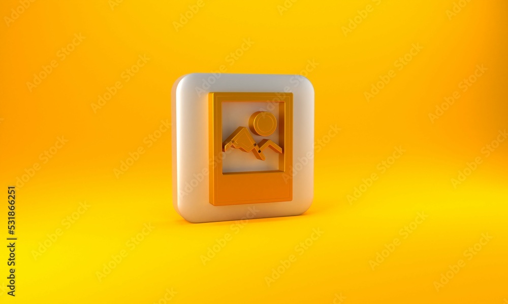 Gold Photo frame icon isolated on yellow background. Vintage empty photos frame. Silver square butto