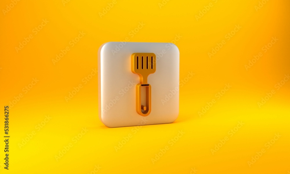 Gold Spatula icon isolated on yellow background. Kitchen spatula icon. BBQ spatula sign. Barbecue an