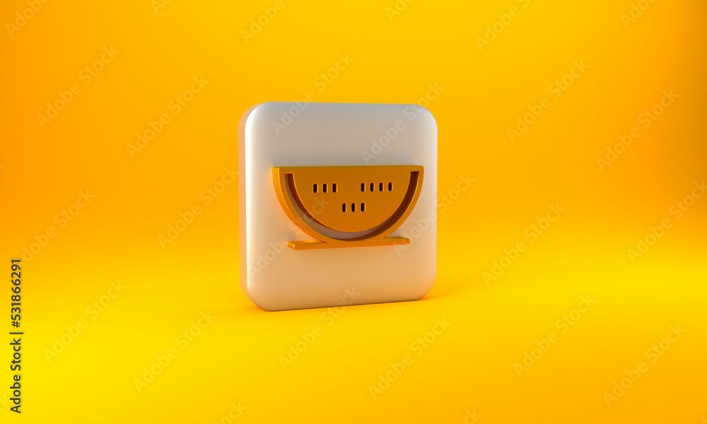 Gold Watermelon icon isolated on yellow background. Silver square button. 3D render illustration