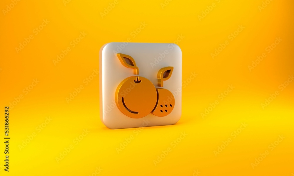 Gold Fruit icon isolated on yellow background. Silver square button. 3D render illustration