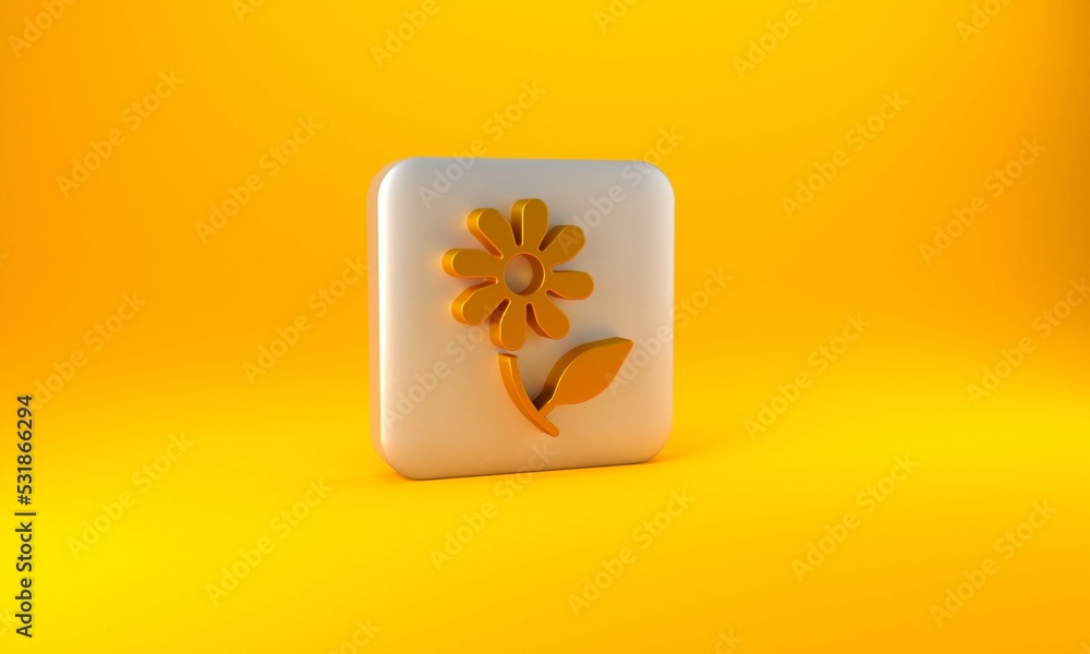 Gold Flower icon isolated on yellow background. Sweet natural food. Silver square button. 3D render 