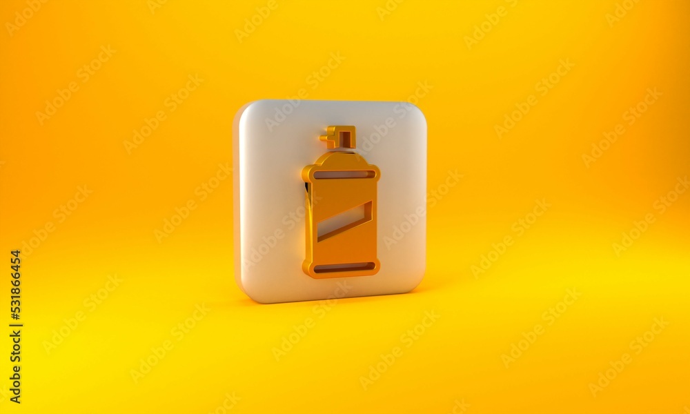 Gold Paint spray can icon isolated on yellow background. Silver square button. 3D render illustratio