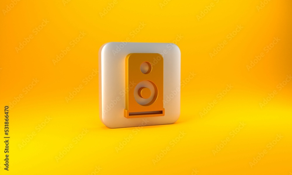 Gold Stereo speaker icon isolated on yellow background. Sound system speakers. Music icon. Musical c