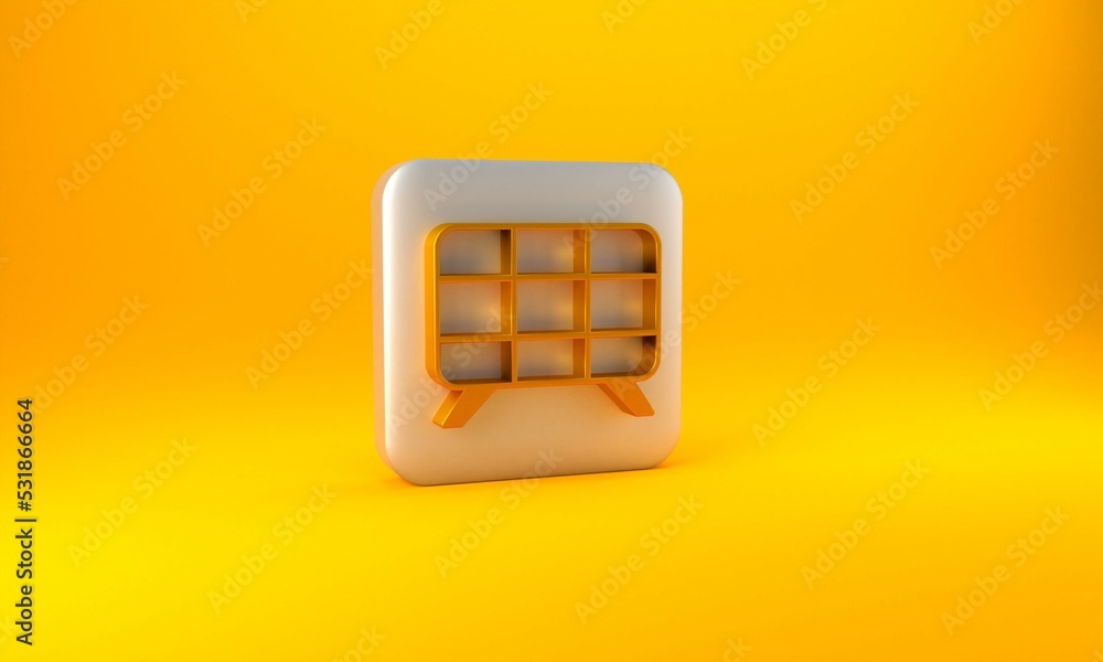 Gold Solar energy panel icon isolated on yellow background. Silver square button. 3D render illustra