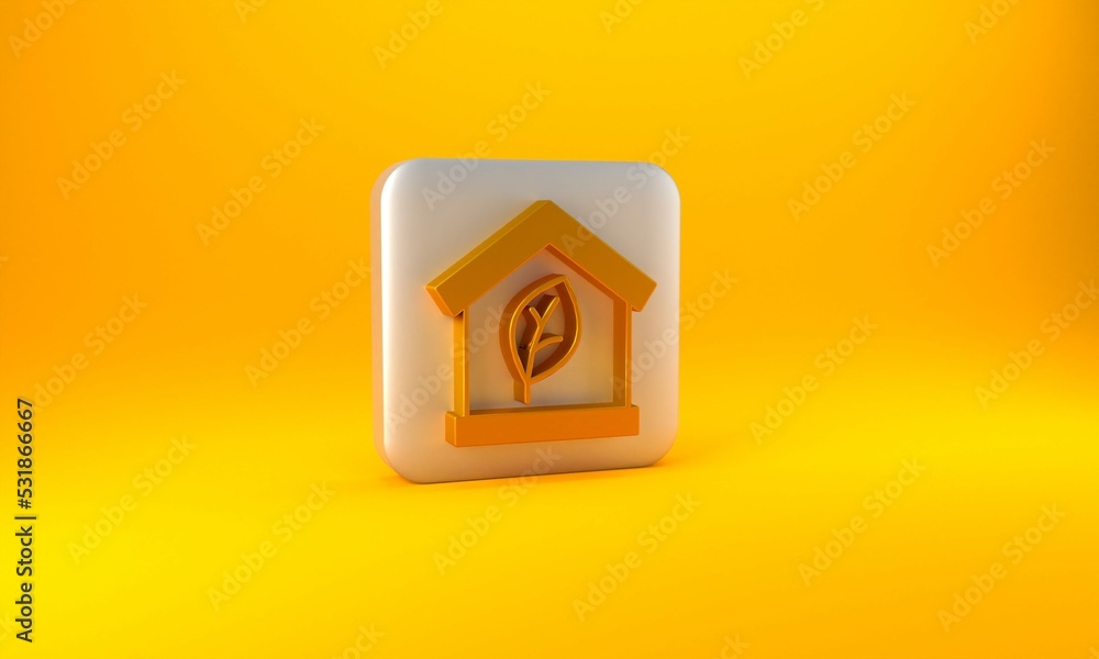 Gold Eco friendly house icon isolated on yellow background. Eco house with leaf. Silver square butto