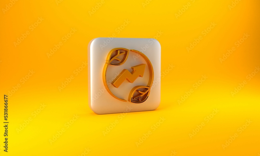 Gold Electric saving plug in leaf icon isolated on yellow background. Save energy electricity. Envir