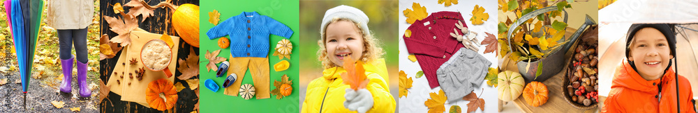 Autumn collage with little children in stylish clothes, with cup of coffee and floral decor