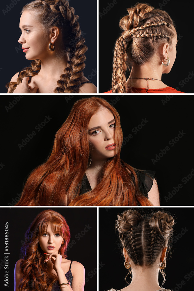 Beauty collage with pretty women with different stylish hairdos on dark background