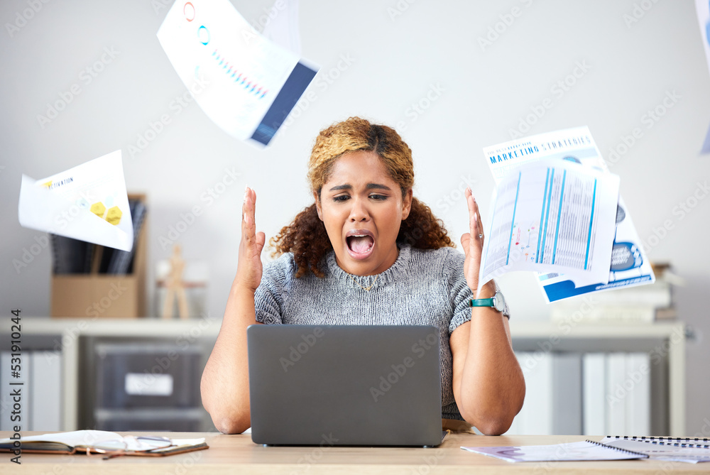 Stress, angry and sad finance manager throwing documents, paper and paperwork while on laptop. Depre