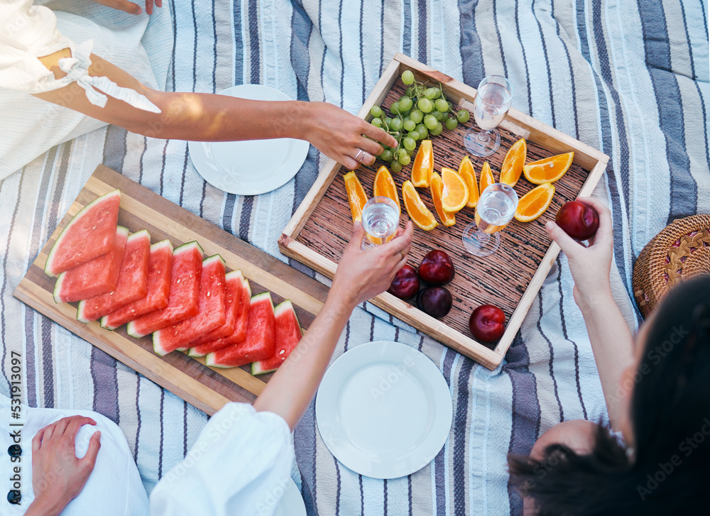 Hands, picnic and fruits of friends with wine at park eating and drink luxury, nutrition and grape c