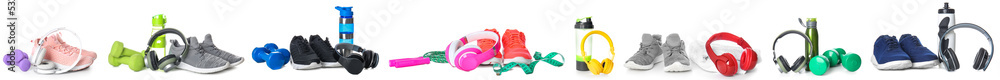 Set of modern headphones with shoes and sports supplies on white background