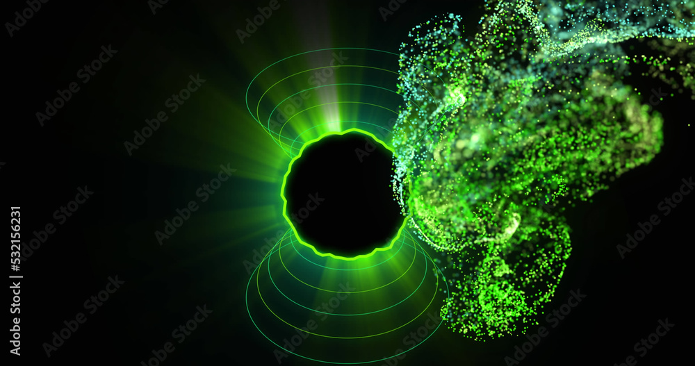 Images of moving green glowing shapes over black background