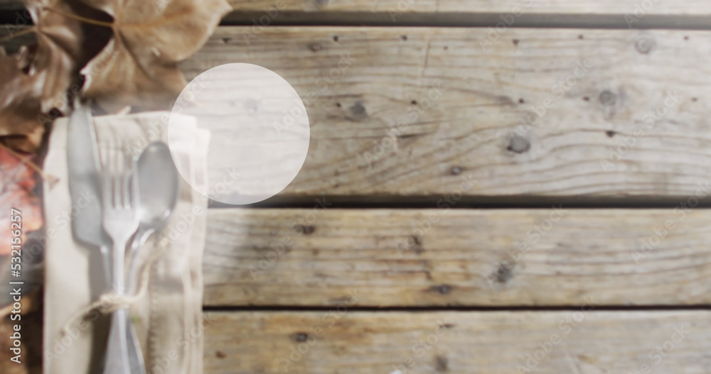 Image of light spots over cutlery and leaves on wooden background