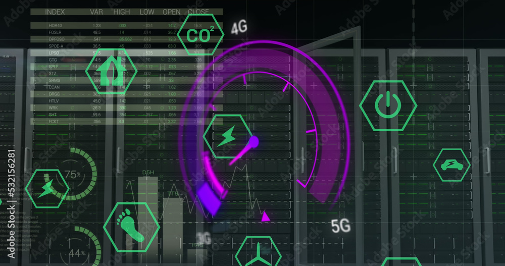 Image of data processing and server room over speedometer