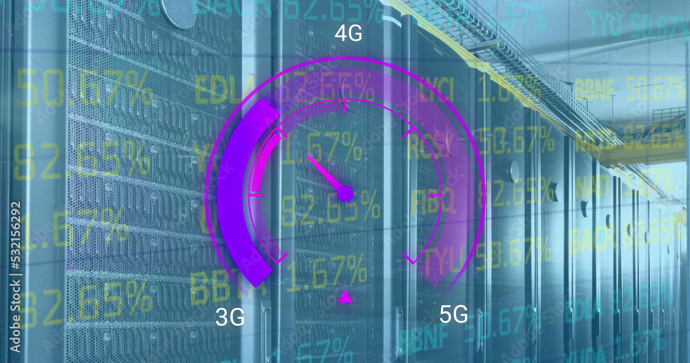 Image of data processing and server room over speedometer