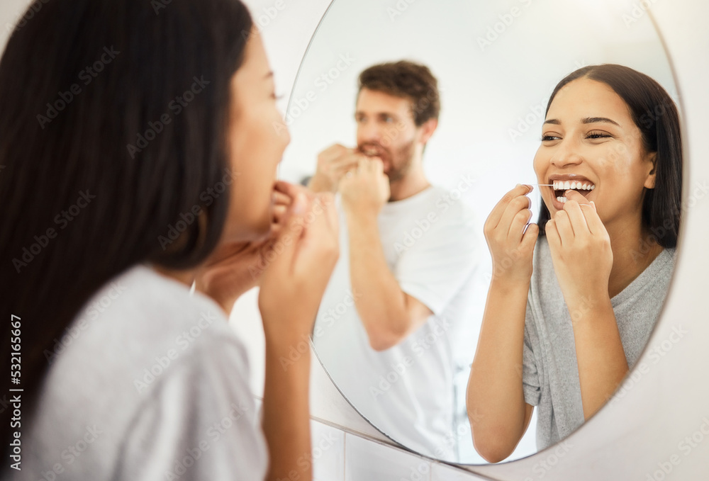 Mirror, dental floss and teeth healthcare couple cleaning mouth for healthy gums, smile and fresh br