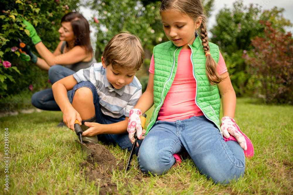 Children digging for planting while their mom take care of plants in backyard garden