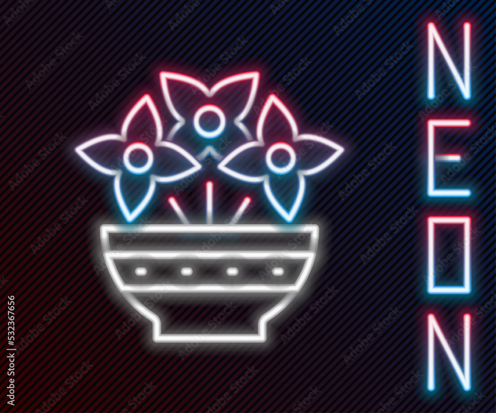 Glowing neon line Flower in vase icon isolated on black background. Colorful outline concept. Vector