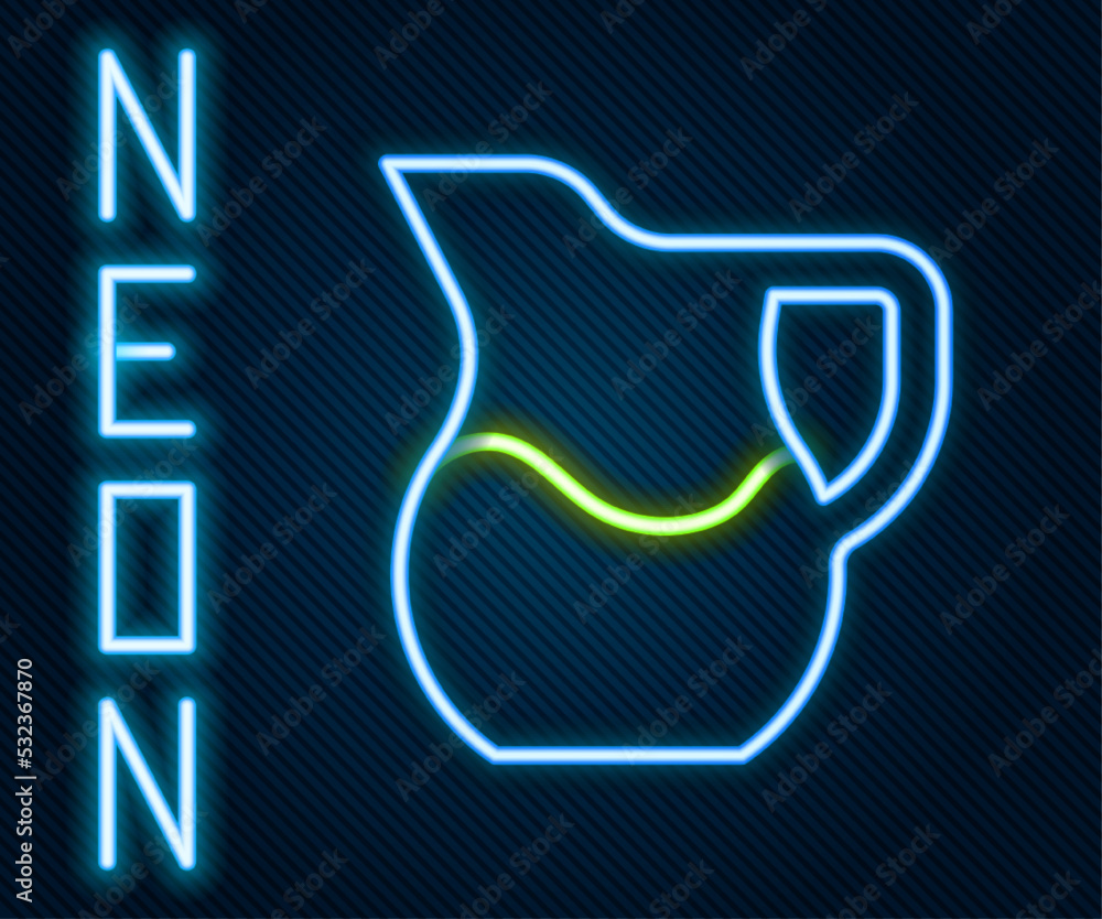 Glowing neon line Jug glass with milk icon isolated on black background. Kettle for milk. Glass deca