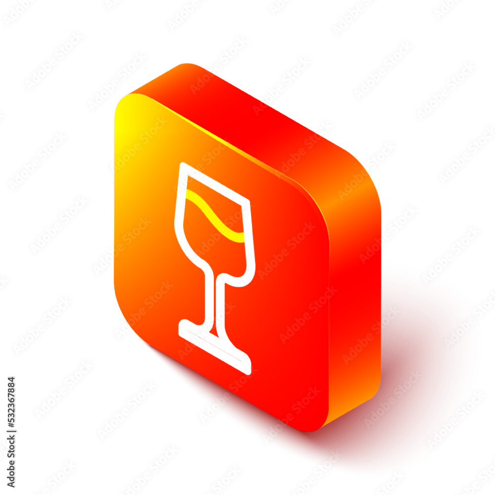 Isometric line Wine glass icon isolated on white background. Wineglass sign. Orange square button. V