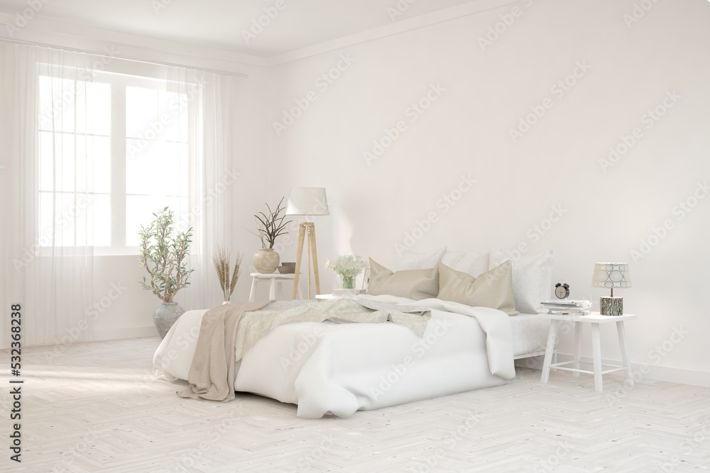 White bedroom interior. Scandinavian design. 3D illustration