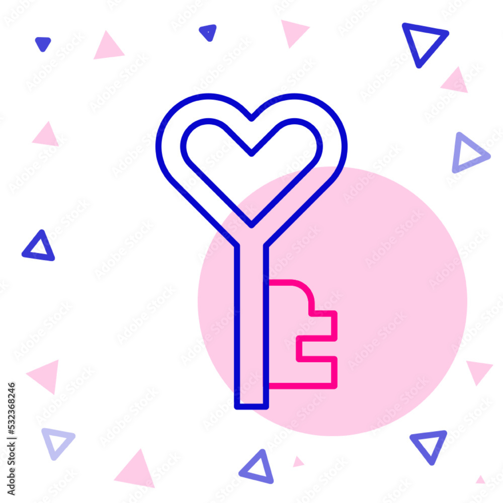 Line Key in heart shape icon isolated on white background. Happy Valentines day. Colorful outline co