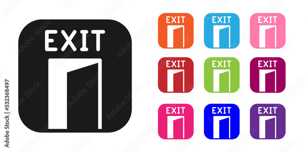 Black Fire exit icon isolated on white background. Fire emergency icon. Set icons colorful. Vector