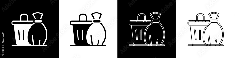 Set Trash can icon isolated on black and white background. Garbage bin sign. Recycle basket icon. Of