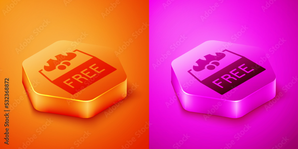 Isometric Donation food icon isolated on orange and pink background. Hexagon button. Vector