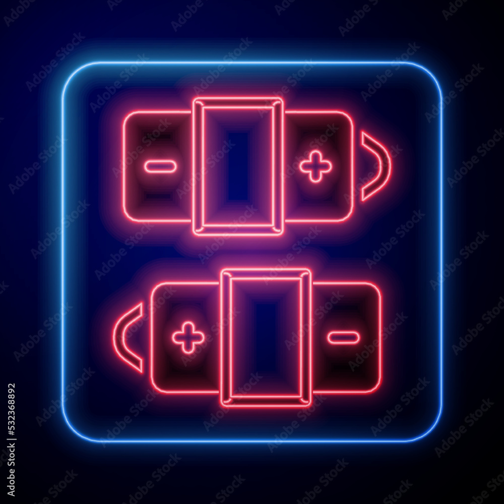 Glowing neon Battery icon isolated on black background. Lightning bolt symbol. Vector