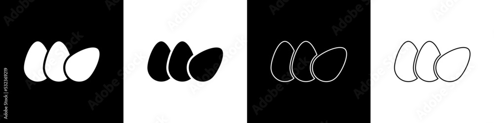 Set Chicken egg icon isolated on black and white background. Vector