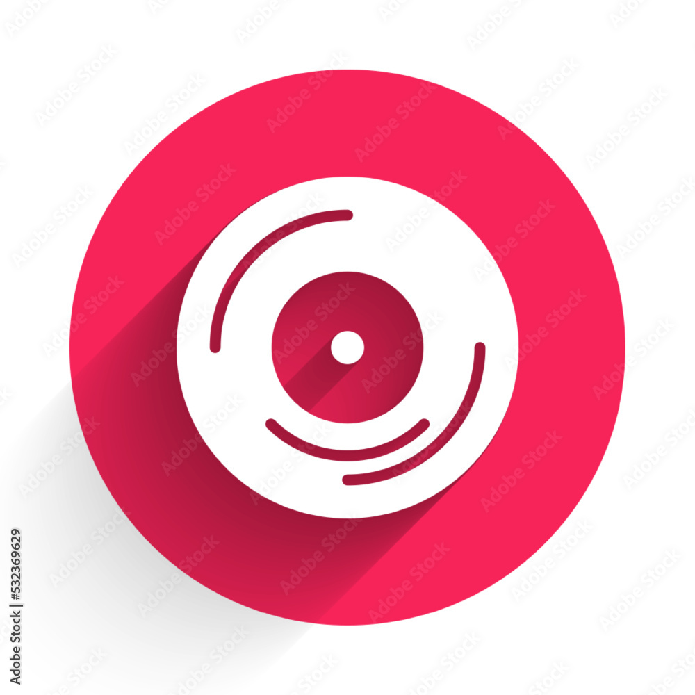 White Vinyl disk icon isolated with long shadow background. Red circle button. Vector