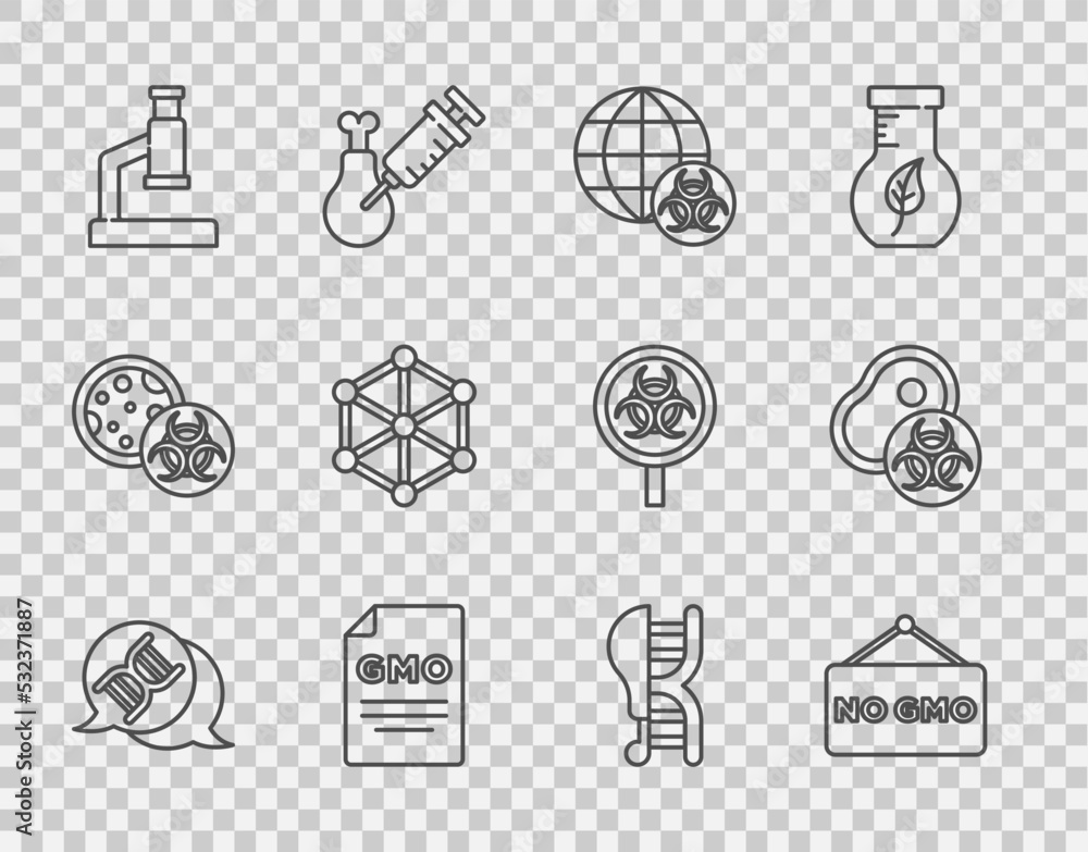 设定线DNA符号，无转基因，显微镜，转基因鸡肉和肉类图标。矢量